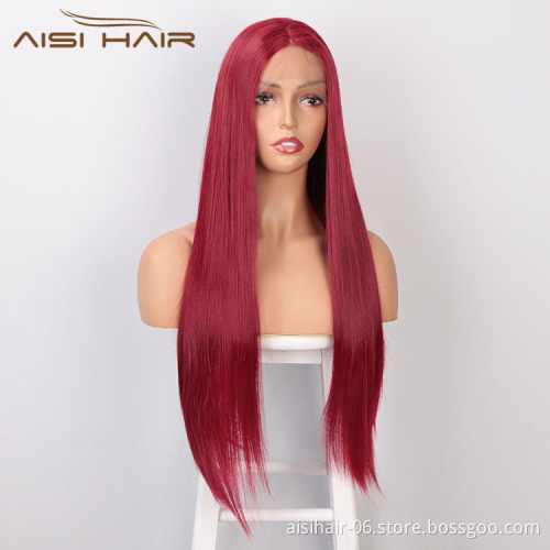 Aisi Hair New Design Long Silky Straight Red Color Wig Heat Swiss Lace Front Wig Middle Part Lace Frontal Wigs For Women